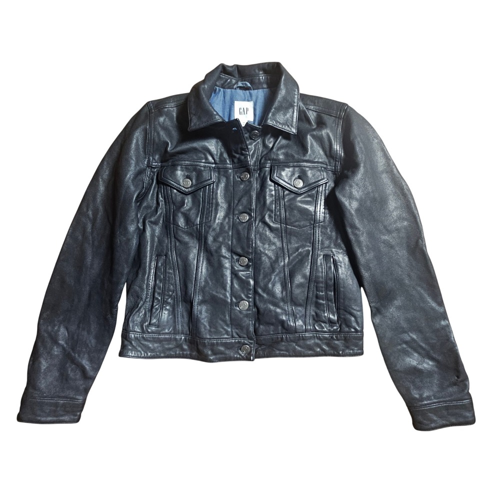 GAP Womens Genuine Lamb Leather Trucker Jacket XS Button Front Moto Biker Grunge
